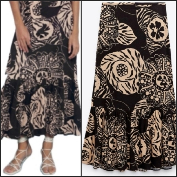 NEW! ZARA Linen Blend Tropical Floral Print Midi Skirt Small. - Picture 3 of 4